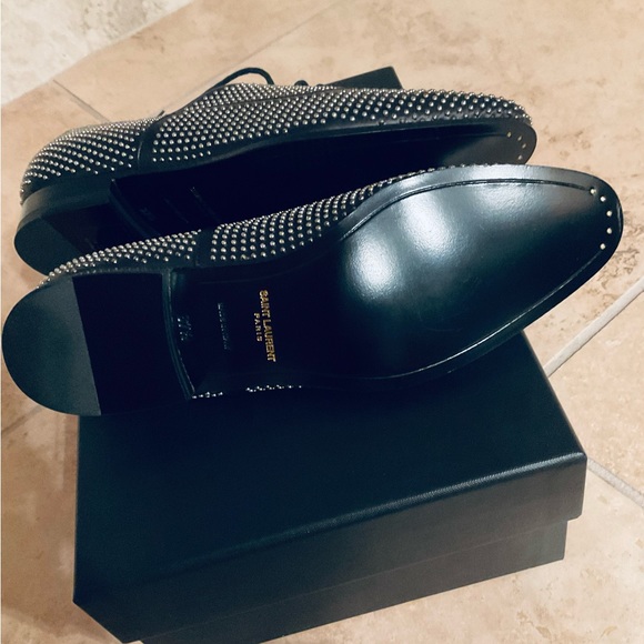 SAINT LAURENT BLACK SILVER STUD OXFORD LOAFER SIZE 37.5 - Picture 4 of 5